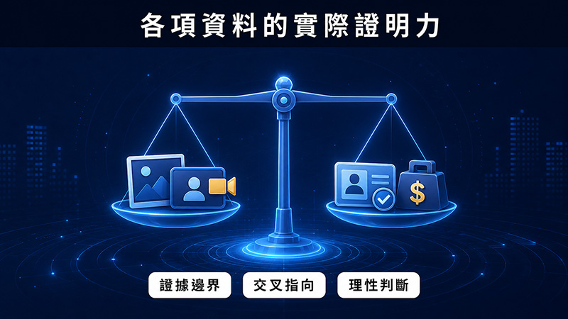 照片、社群、視訊與公司資料,各自能證明到哪裡?