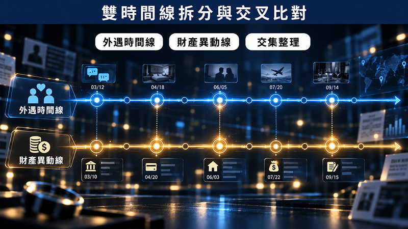 把「外遇時間線」與「財產時間線」分開整理,再交叉比對