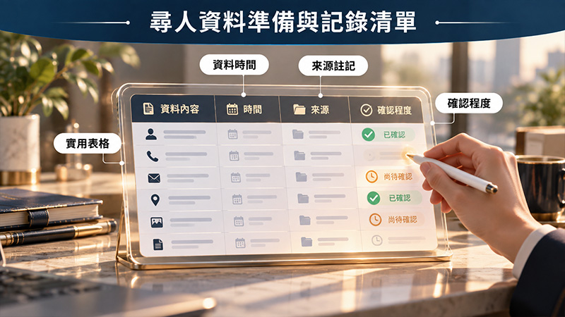 尋人資料準備清單:記錄內容、時間、來源與確認程度